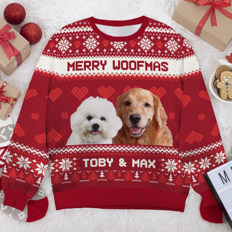 Merry Woofmas - Personalized Custom Unisex Ugly Christmas Sweatshirt - Upload Image, Gift For Pet Lovers, Christmas Gift