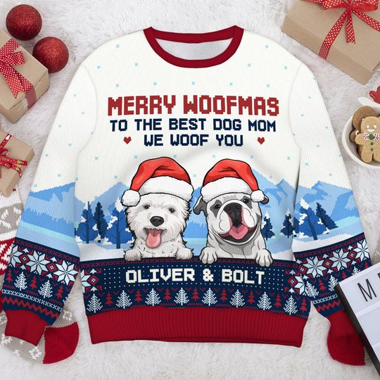 Merry Woofmas To The Best Dog Dad Dog Mom Personalized Custom Unisex Ugly Christmas Sweatshirt - Image 4