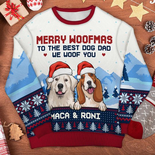 Merry Woofmas To The Best Dog Dad Dog Mom Personalized Custom Unisex Ugly Christmas Sweatshirt - Image 6