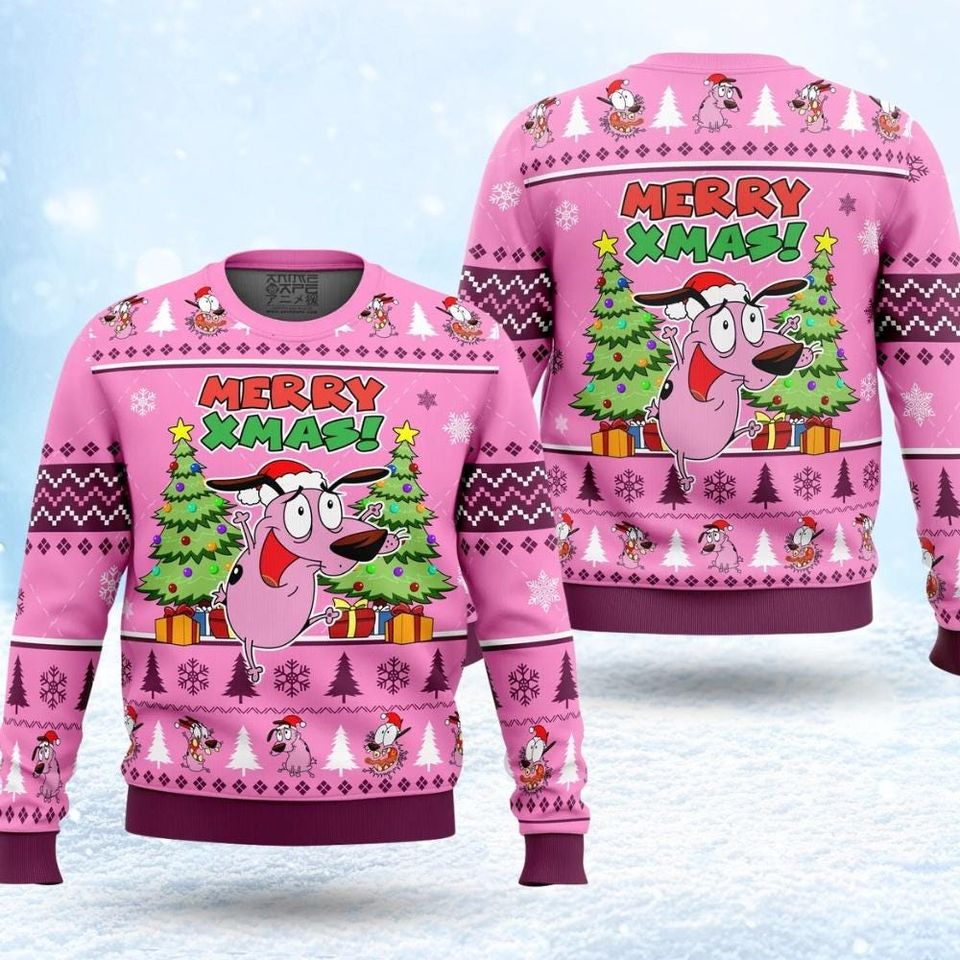 Merry Xmas Courage The Cowardly Dog Ugly Christmas Sweater, Funny Dog Meme Sweater