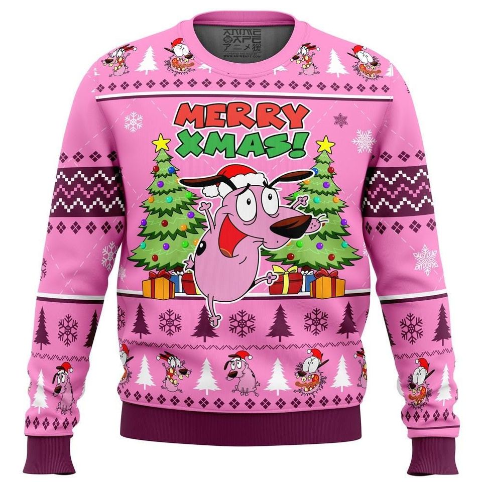 Merry Xmas Courage The Cowardly Dog Ugly Christmas Sweater, Funny Dog Meme Sweater - Image 3