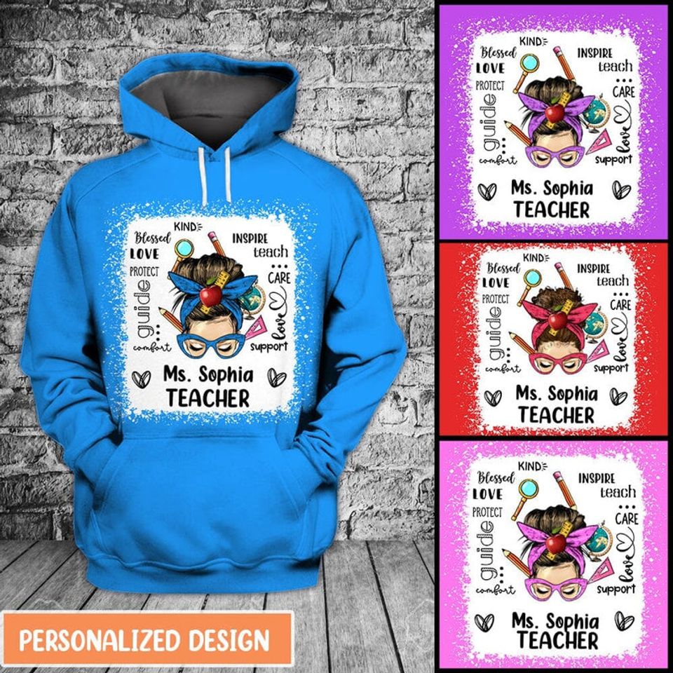 Messy Bun Teacher Typography Personalized 3D Hoodie and Sweatshirt - Image 2