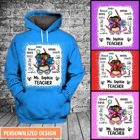 Messy Bun Teacher Typography Personalized 3D Hoodie and Sweatshirt - Image 5
