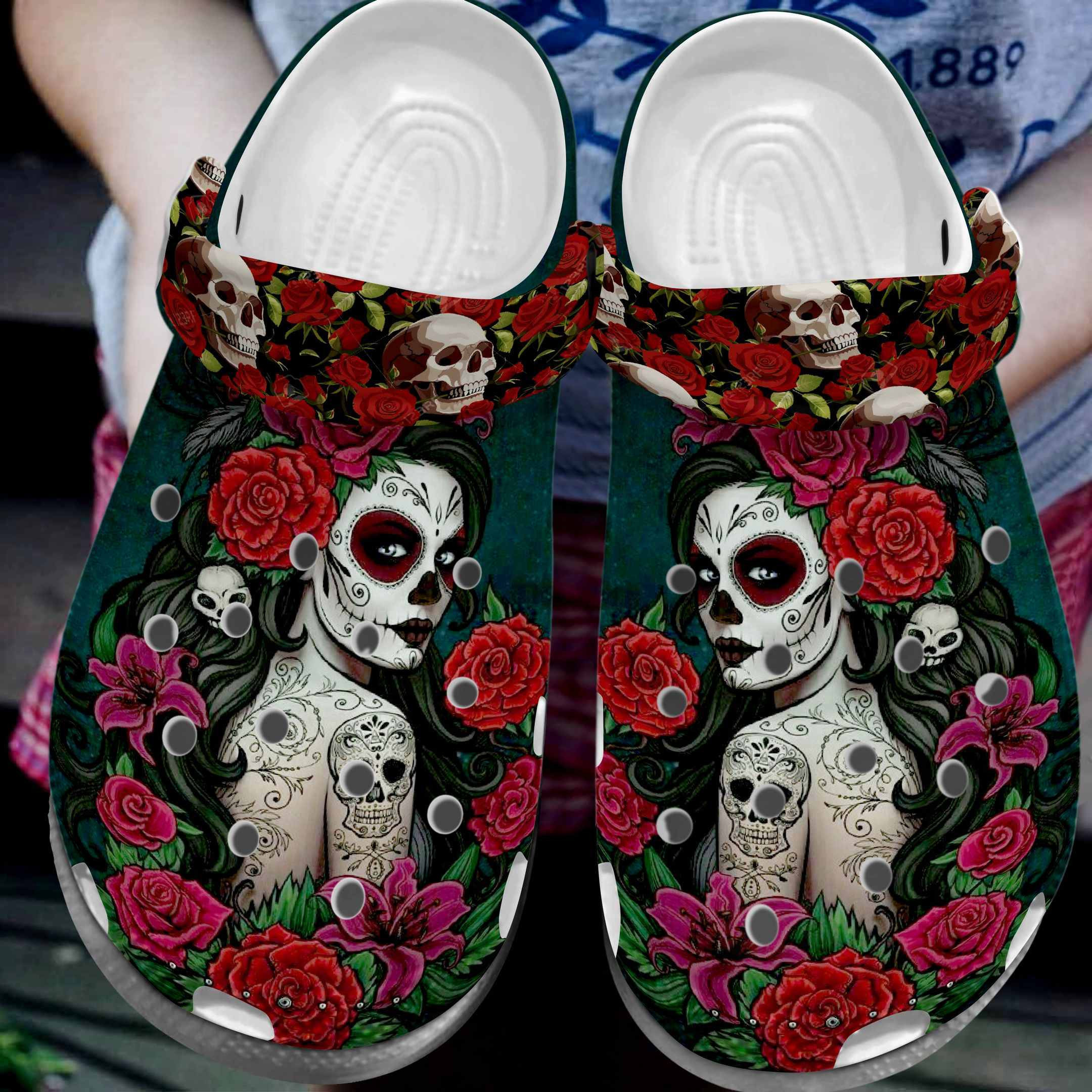 Mexican Sugar Skull Girl Tattoo Rose Flower Shoes Crocbland Clog Gifts For Women