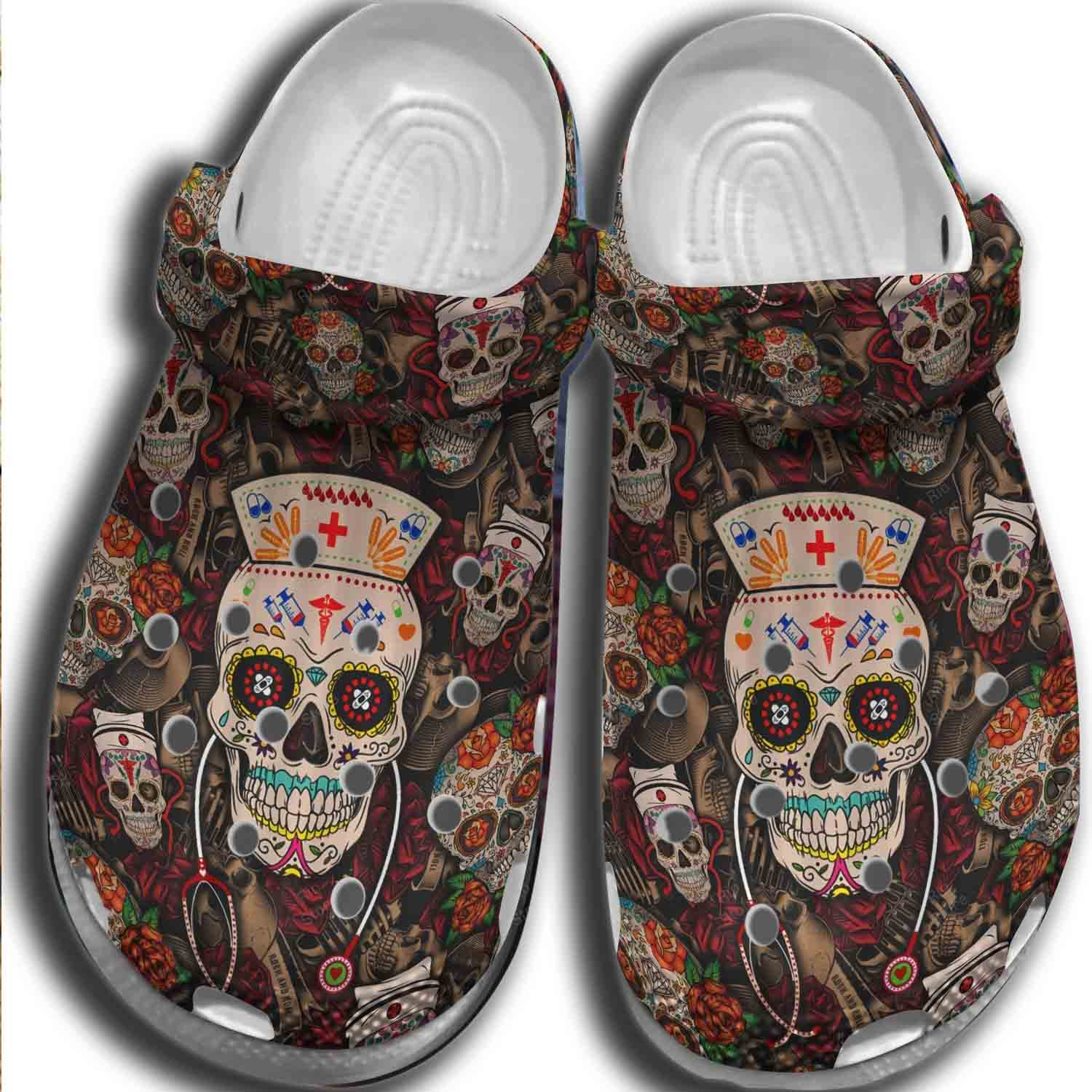 Mexican Sugar Skull Nurse Shoes Crocbland Clog Birthday Gifts For Men Women