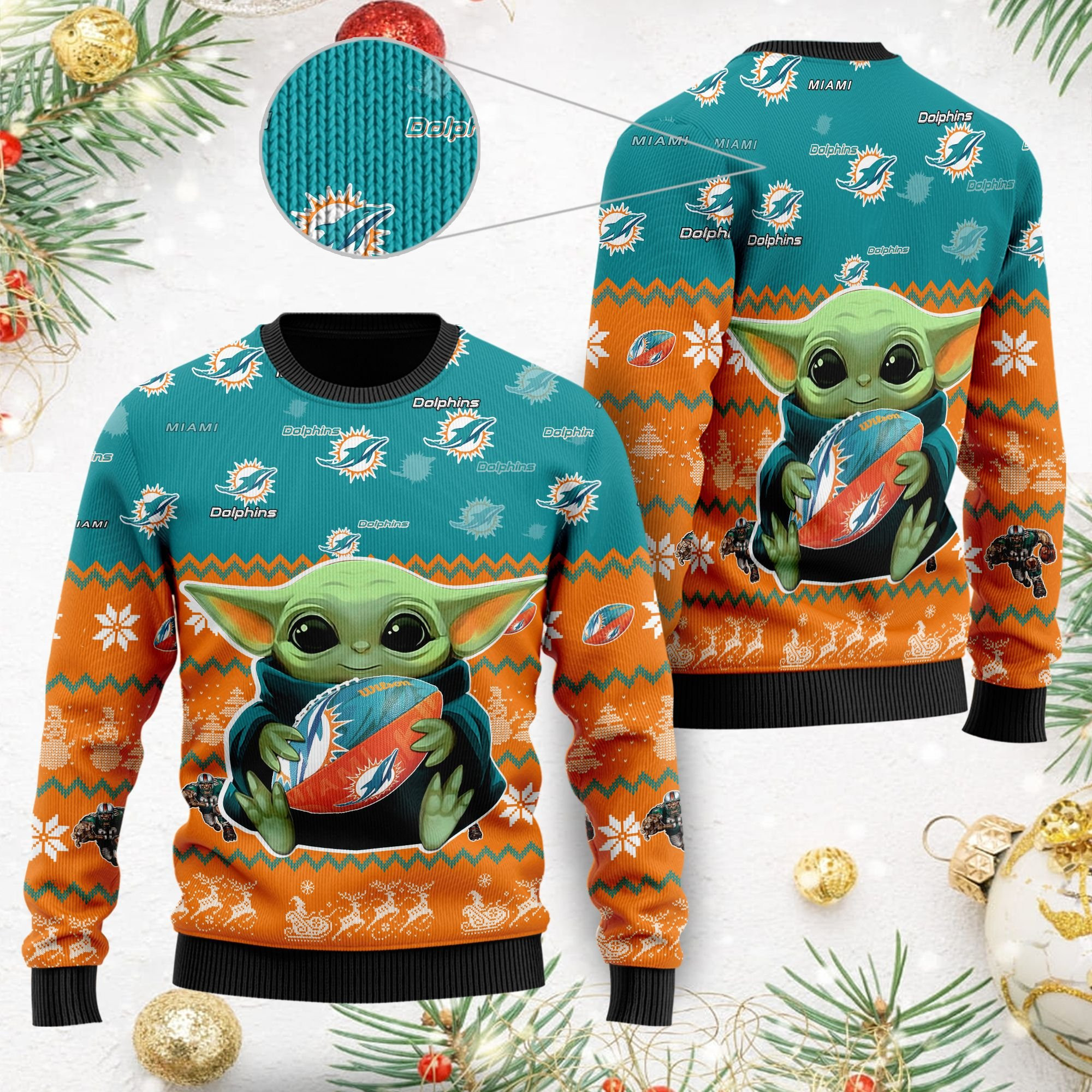 Miami Dolphins Baby Yoda Shirt For American Football Fans Ugly Christmas Sweater Adult 3D Funny Matching for family