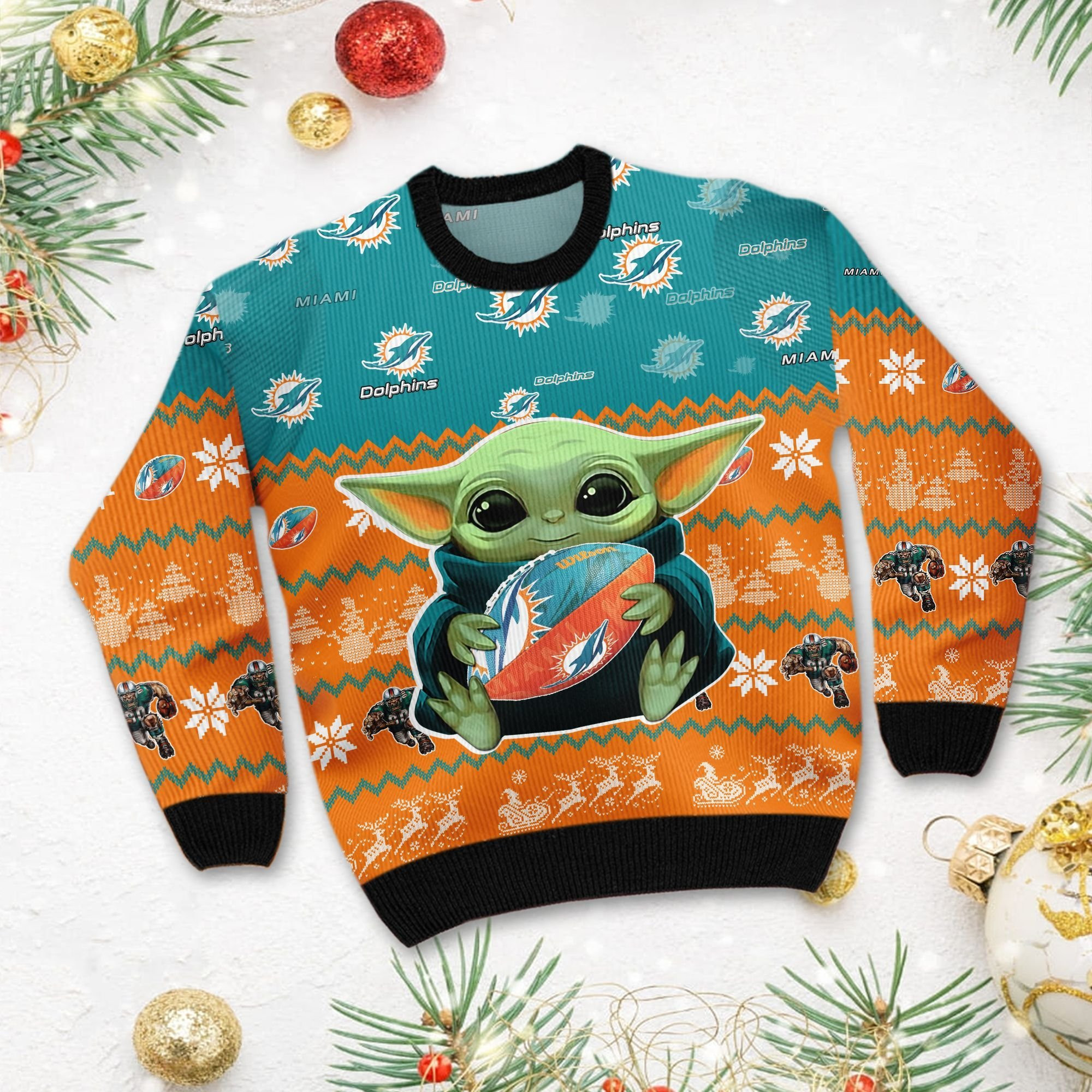 Miami Dolphins Baby Yoda Ugly Christmas Sweater Adult 3D Funny Matching for family - Image 3