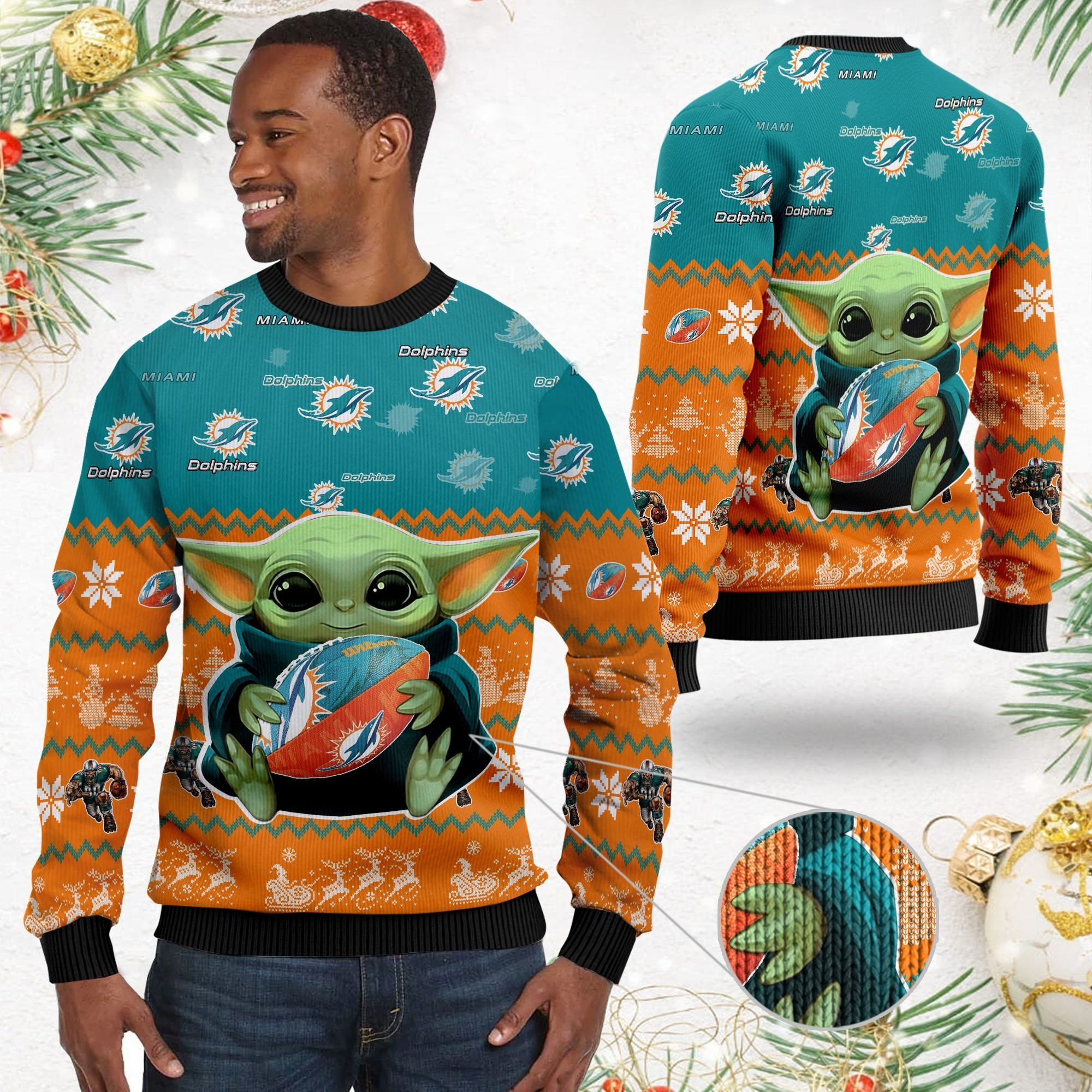 Miami Dolphins Baby Yoda Ugly Christmas Sweater Adult 3D Funny Matching for family - Image 2