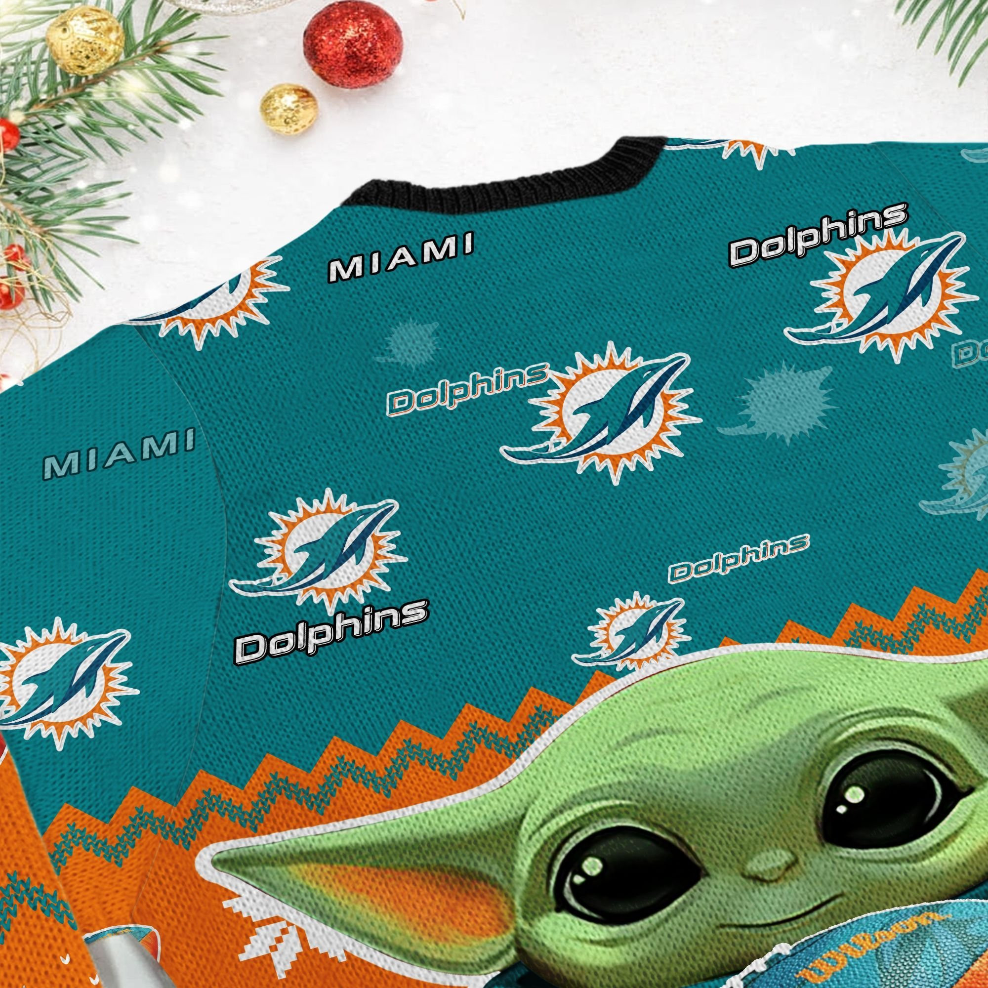 Miami Dolphins Baby Yoda Ugly Christmas Sweater Adult 3D Funny Matching for family - Image 6