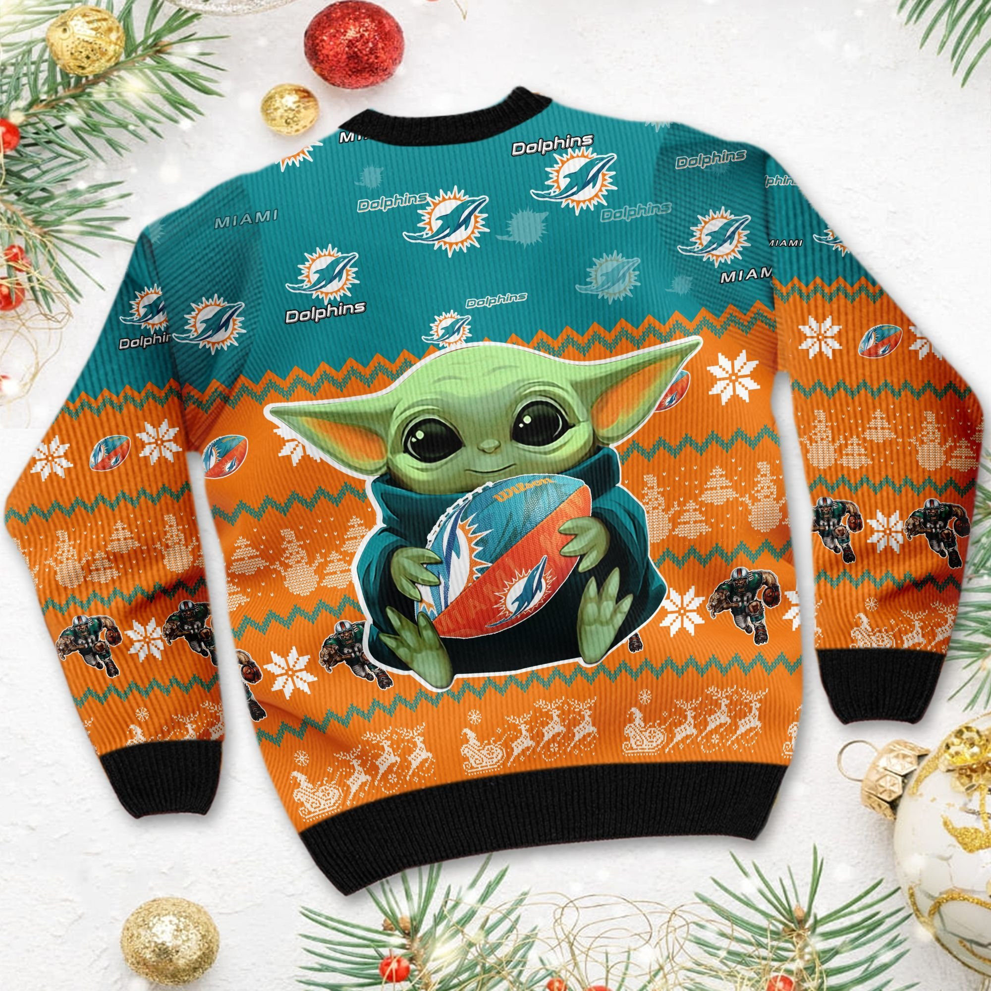 Miami Dolphins Baby Yoda Ugly Christmas Sweater Adult 3D Funny Matching for family - Image 4
