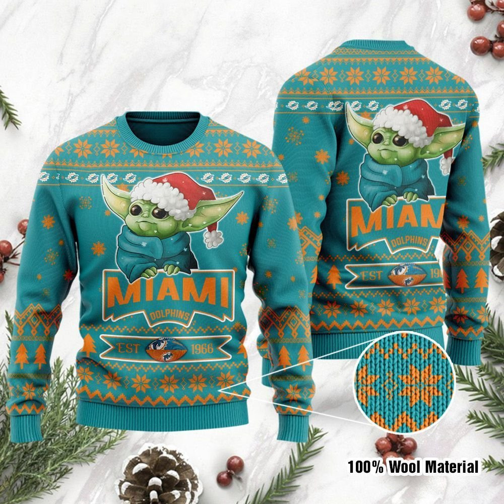 Miami Dolphins Cute Baby Yoda Grogu Ugly Christmas Sweater Adult 3D Funny Matching for family