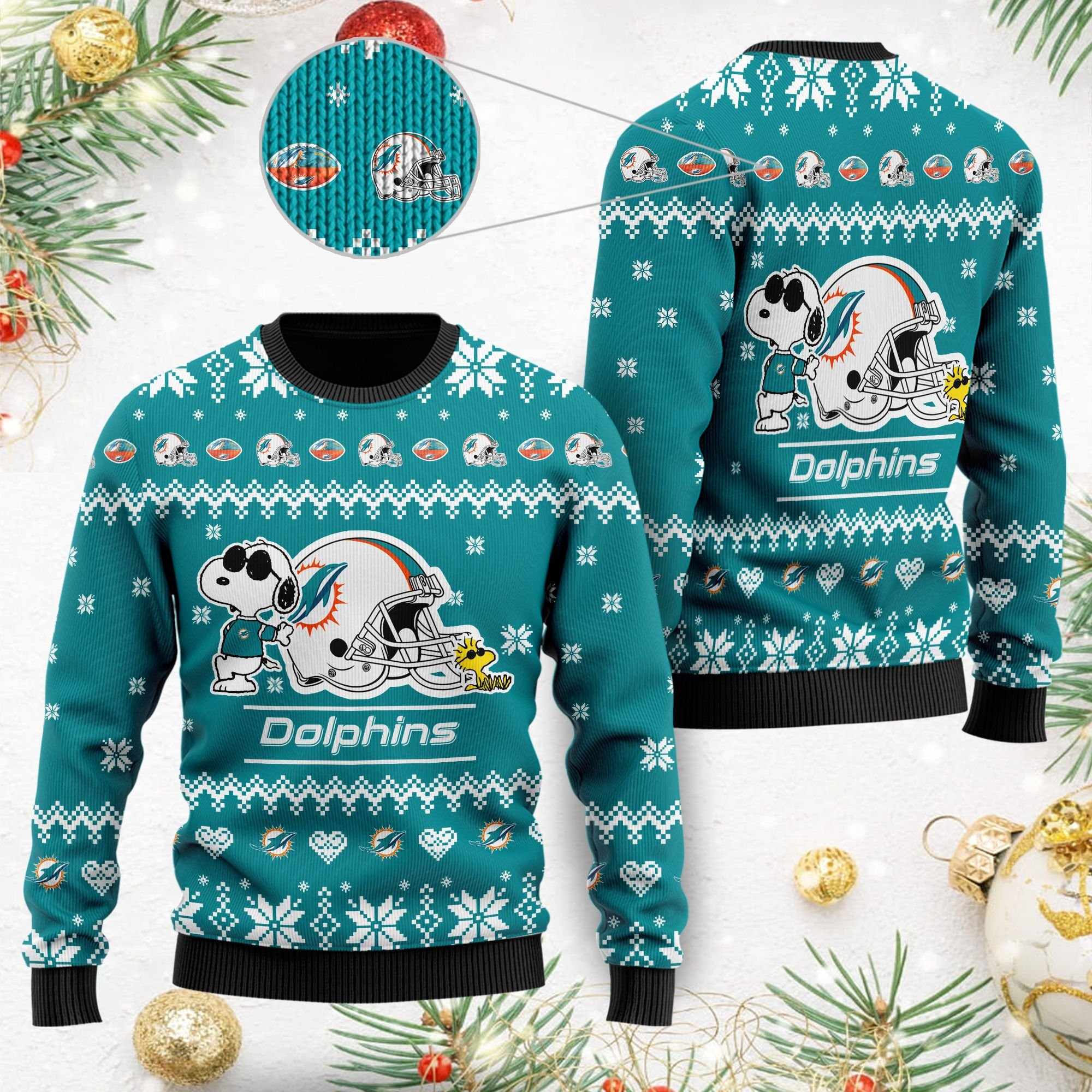 Miami Dolphins Cute The Snoopy Show Football Helmet 3D Ugly Christmas Sweater Adult 3D Funny Matching for family