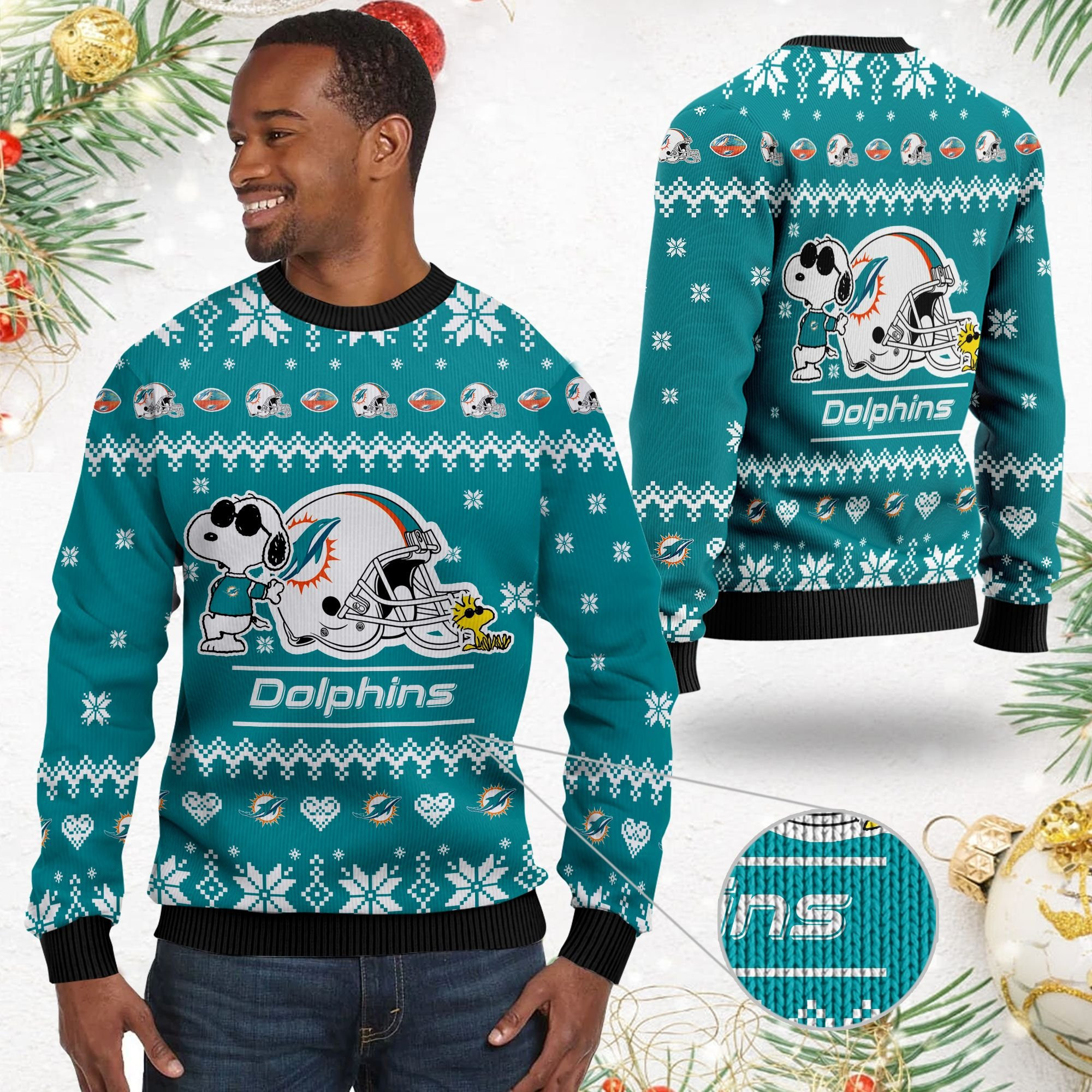Miami Dolphins Cute The Snoopy Show Football Helmet 3D Ugly Christmas Sweater Adult 3D Funny Matching for family - Image 2