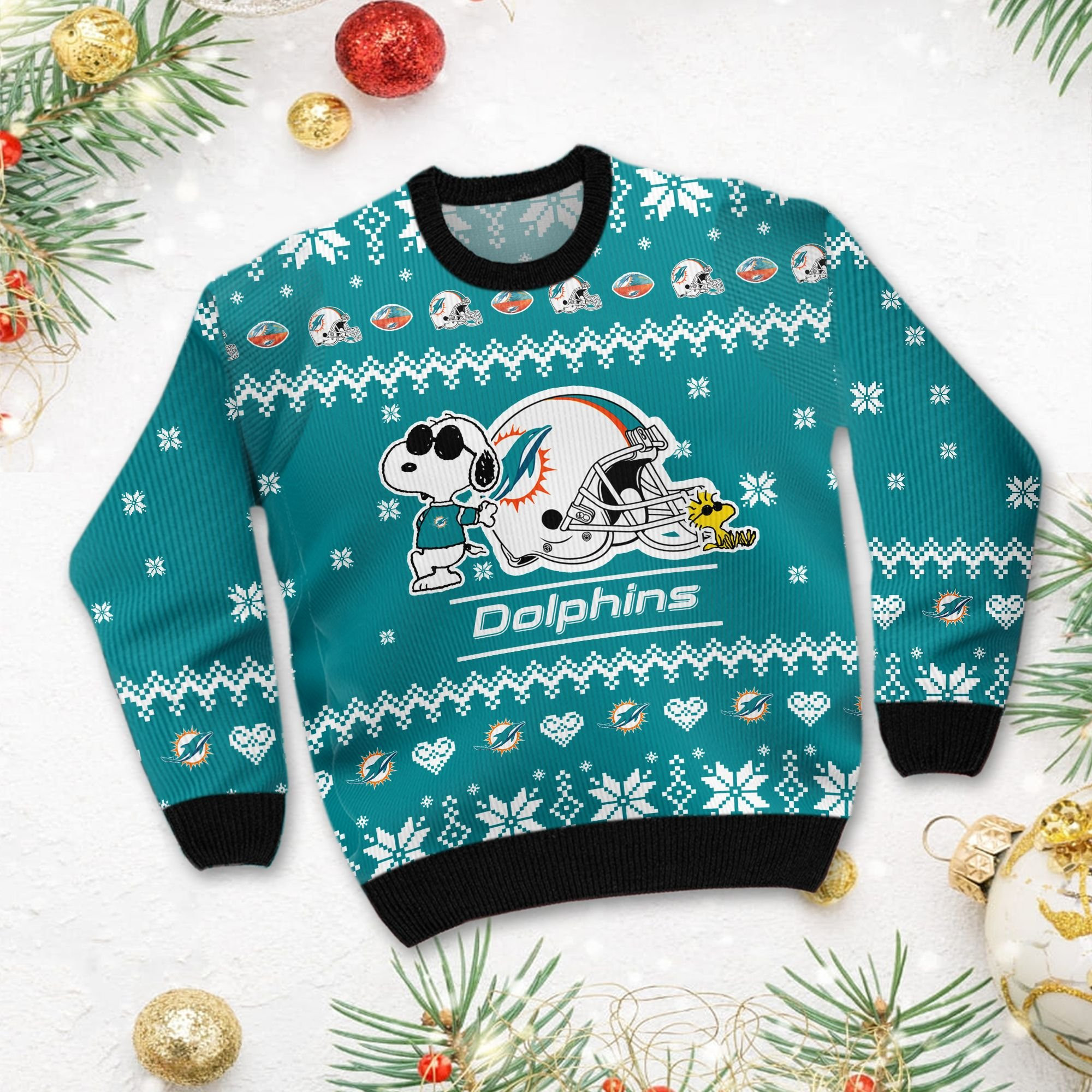 Miami Dolphins Cute The Snoopy Show Football Helmet 3D Ugly Christmas Sweater Adult 3D Funny Matching for family - Image 3