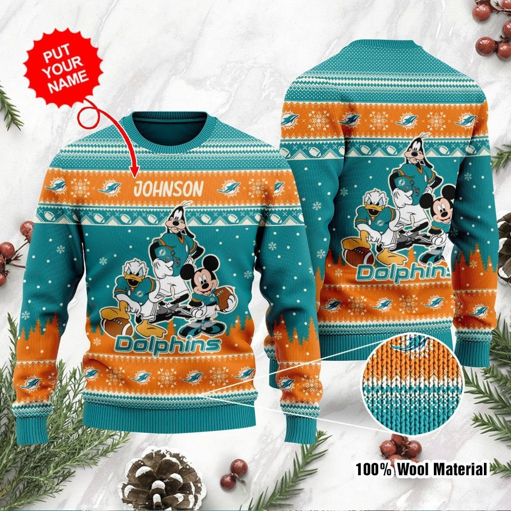Miami Dolphins Disney Donald Duck Mickey Mouse Goofy Personalized Ugly Christmas Sweater Adult 3D Funny Matching for family