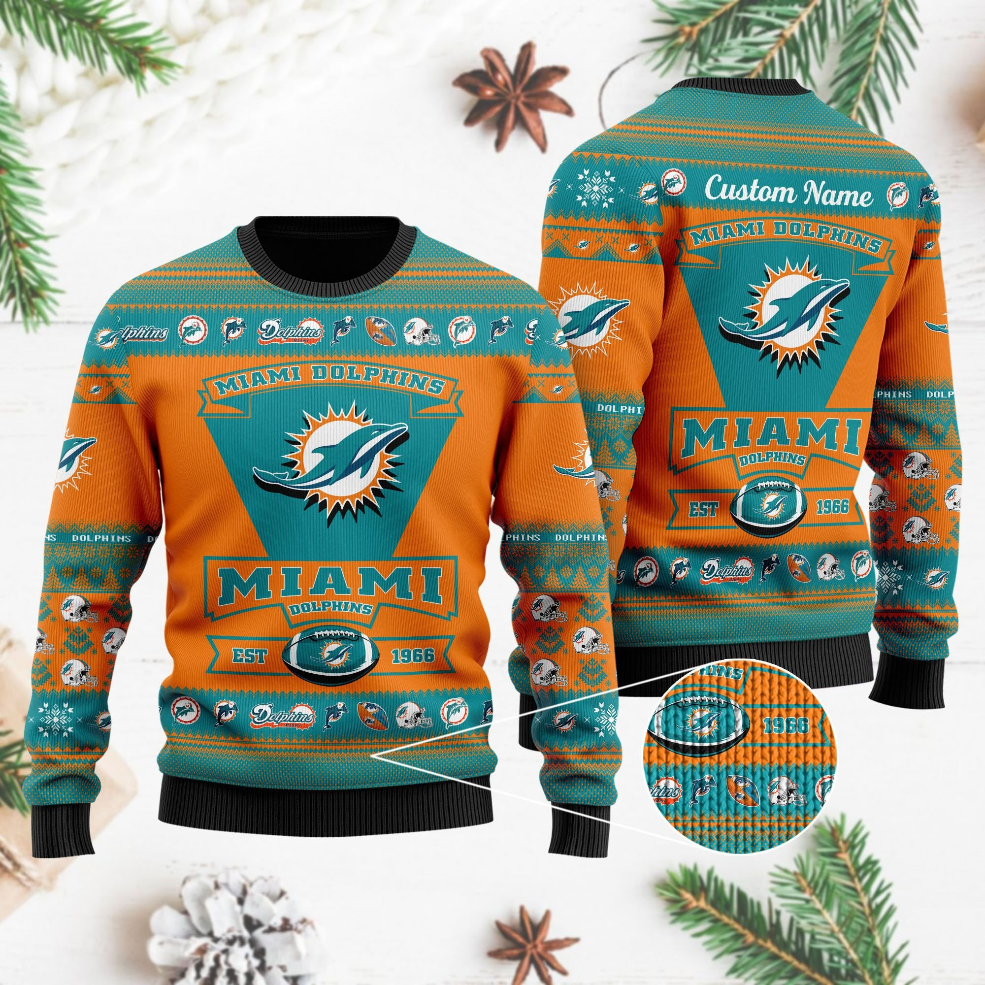 Miami Dolphins Football Team Logo Custom Name Personalized Ugly Christmas Sweater Adult 3D Funny Matching for family