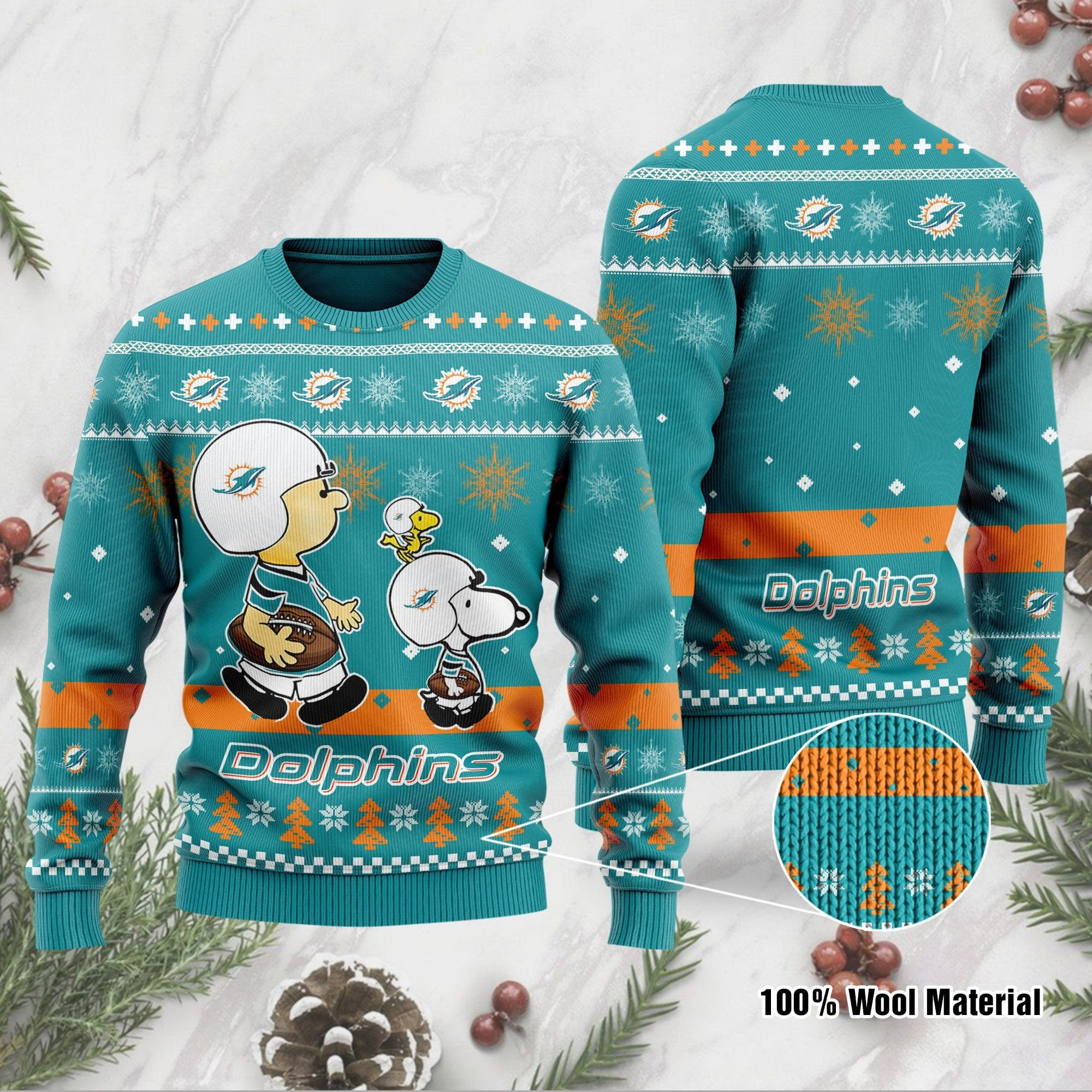Miami Dolphins Funny Charlie Brown Peanuts Snoopy Ugly Christmas Sweater Adult 3D Funny Matching for family
