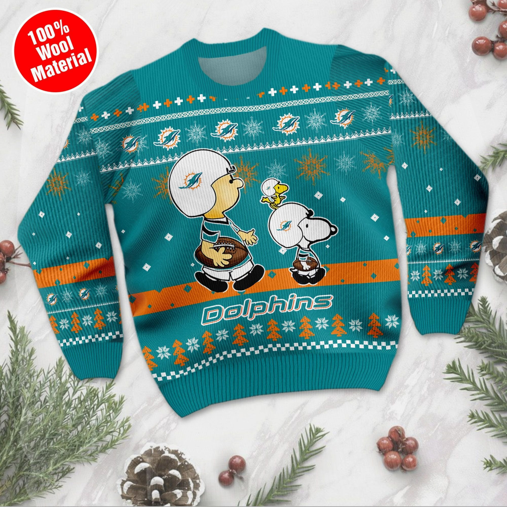 Miami Dolphins Funny Charlie Brown Peanuts Snoopy Ugly Christmas Sweater Adult 3D Funny Matching for family - Image 2