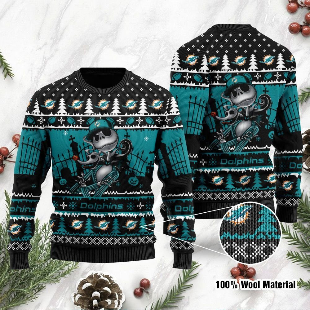 Miami Dolphins Jack Skellington Halloween Holiday Party Ugly Christmas Sweater Adult 3D Funny Matching for family