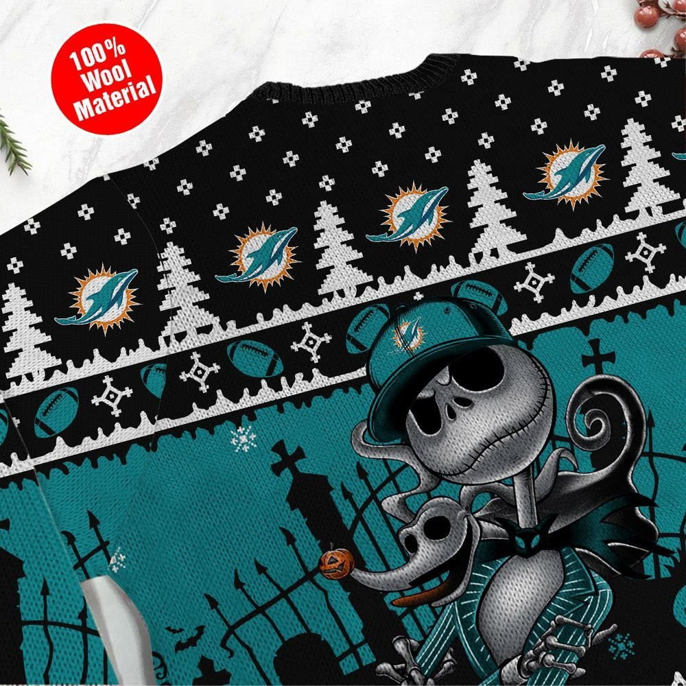 Miami Dolphins Jack Skellington Halloween Holiday Party Ugly Christmas Sweater Adult 3D Funny Matching for family - Image 5