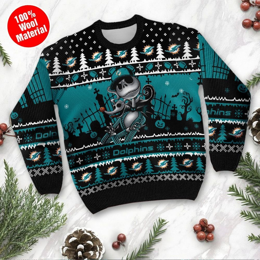 Miami Dolphins Jack Skellington Halloween Holiday Party Ugly Christmas Sweater Adult 3D Funny Matching for family - Image 2