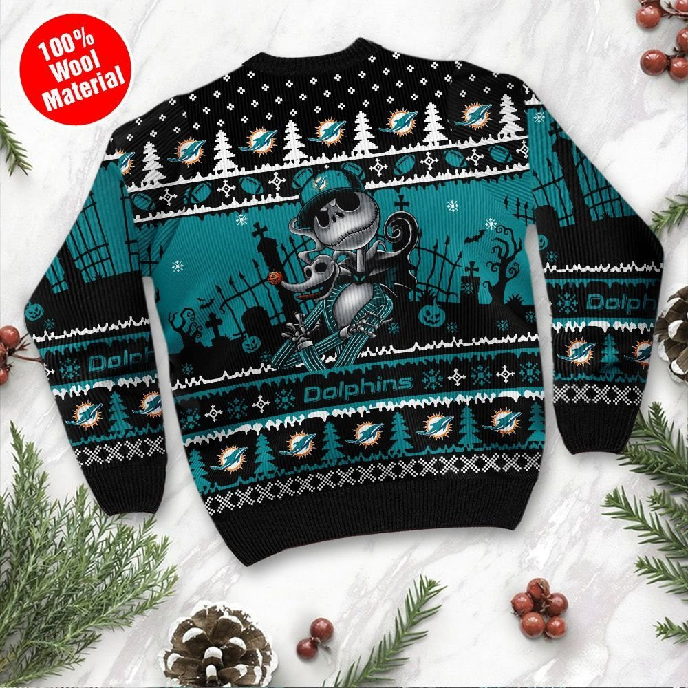 Miami Dolphins Jack Skellington Halloween Holiday Party Ugly Christmas Sweater Adult 3D Funny Matching for family - Image 3