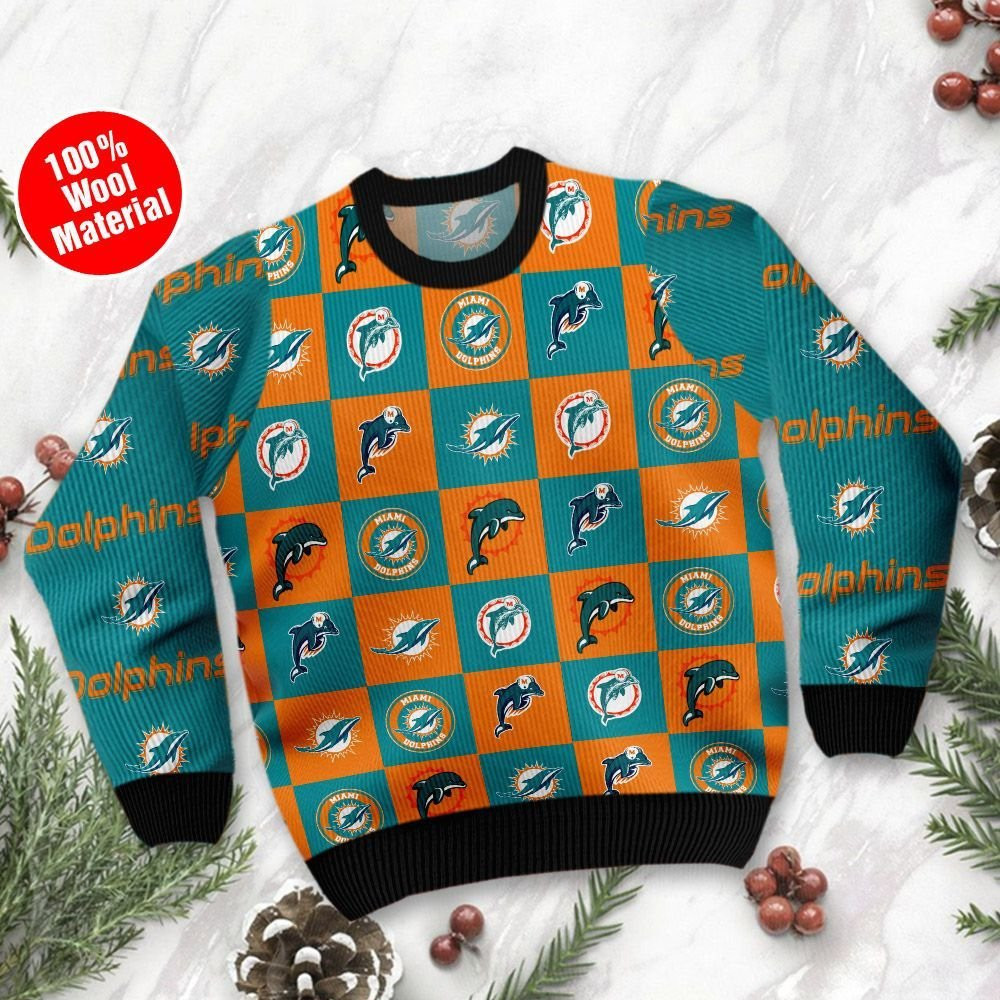 Miami Dolphins Logo Checkered Flannel Design Ugly Christmas Sweater Adult 3D Funny Matching for family - Image 2