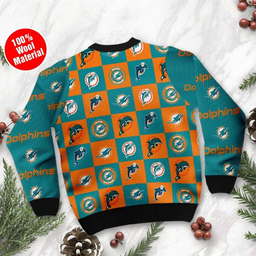 Miami Dolphins Logo Checkered Flannel Design Ugly Christmas Sweater Adult 3D Funny Matching for family - Image 3