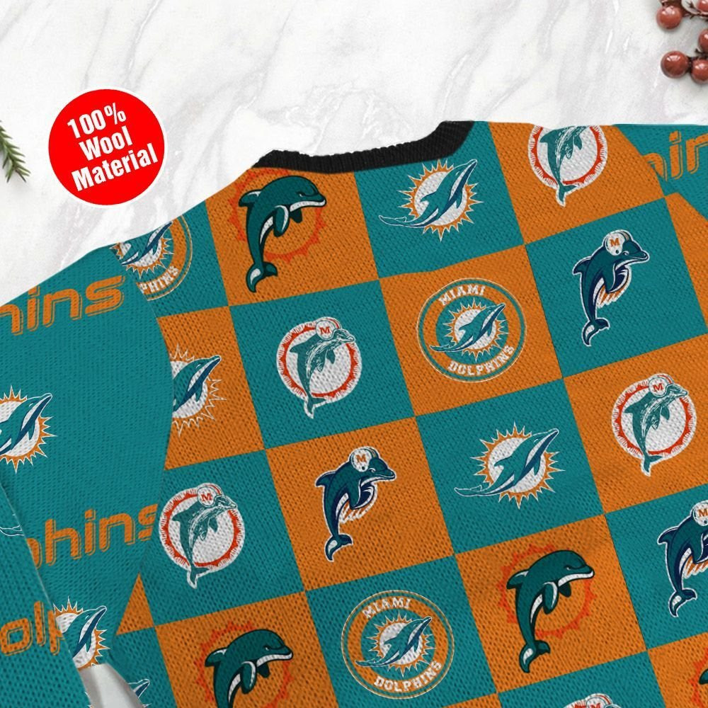 Miami Dolphins Logo Checkered Flannel Design Ugly Christmas Sweater Adult 3D Funny Matching for family - Image 5