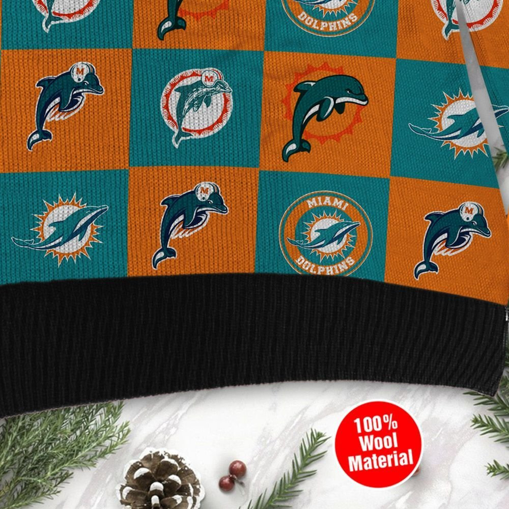Miami Dolphins Logo Checkered Flannel Design Ugly Christmas Sweater Adult 3D Funny Matching for family - Image 4
