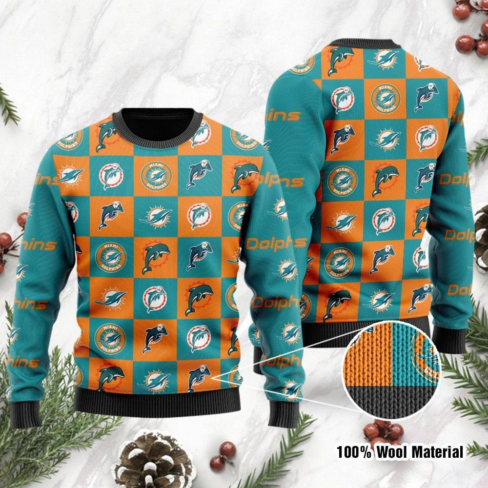 Miami Dolphins Logo Checkered Flannel Ugly Christmas Sweater Adult 3D Funny Matching for family
