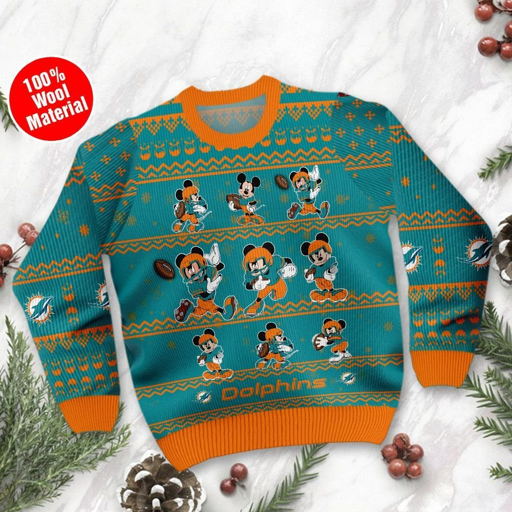 Miami Dolphins Mickey Mouse Ugly Christmas Sweater Adult 3D Funny Matching for family - Image 2
