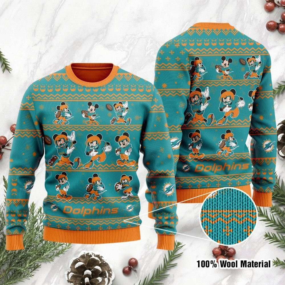 Miami Dolphins Mickey Mouse Ugly Christmas Sweater Adult 3D Funny Matching for family
