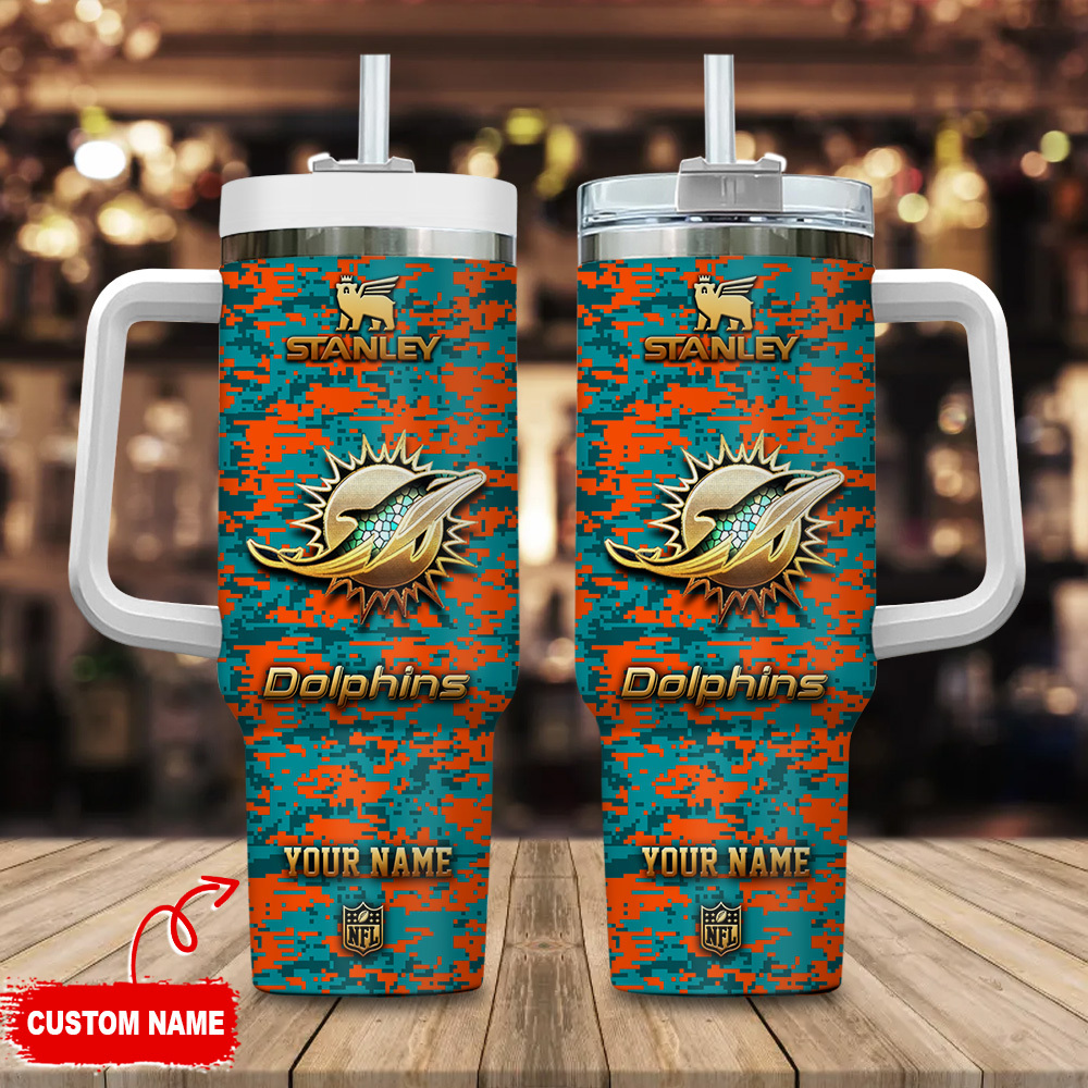 Miami Dolphins NFL Camouflage Golden Logo Custom Stanley Cup 40 oz 30 oz Tumbler With HandleTVC2301110
