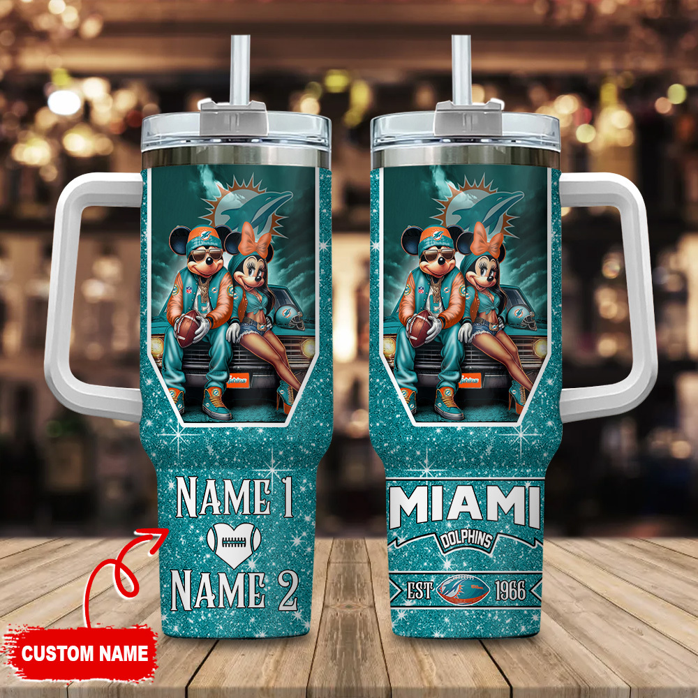 Miami Dolphins NFL Mickey And Minnie Couple Custom Stanley Cup 40 oz 30 oz Tumbler With HandleTVC230188