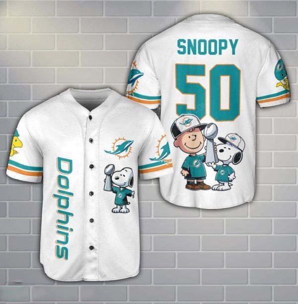 Miami Dolphins Peanut Snoopy Champion Baseball Jersey Shirt For Fans White Shirt Personalized Number