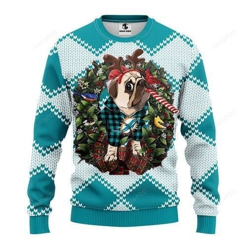 Miami Dolphins Pug Dog Ugly Christmas Sweater Adult 3D Funny Matching for family