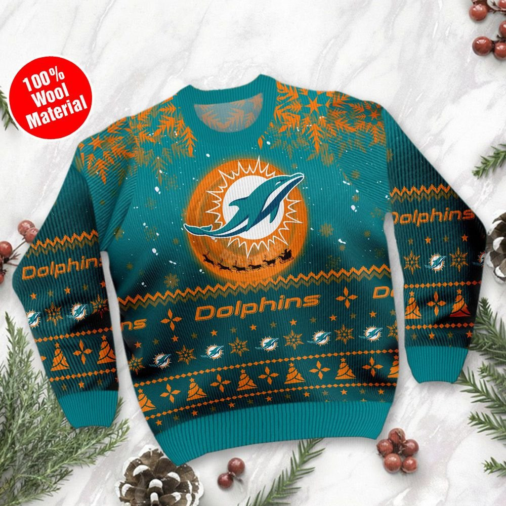 Miami Dolphins Santa Claus In The Moon Ugly Christmas Sweater Adult 3D Funny Matching for family - Image 2