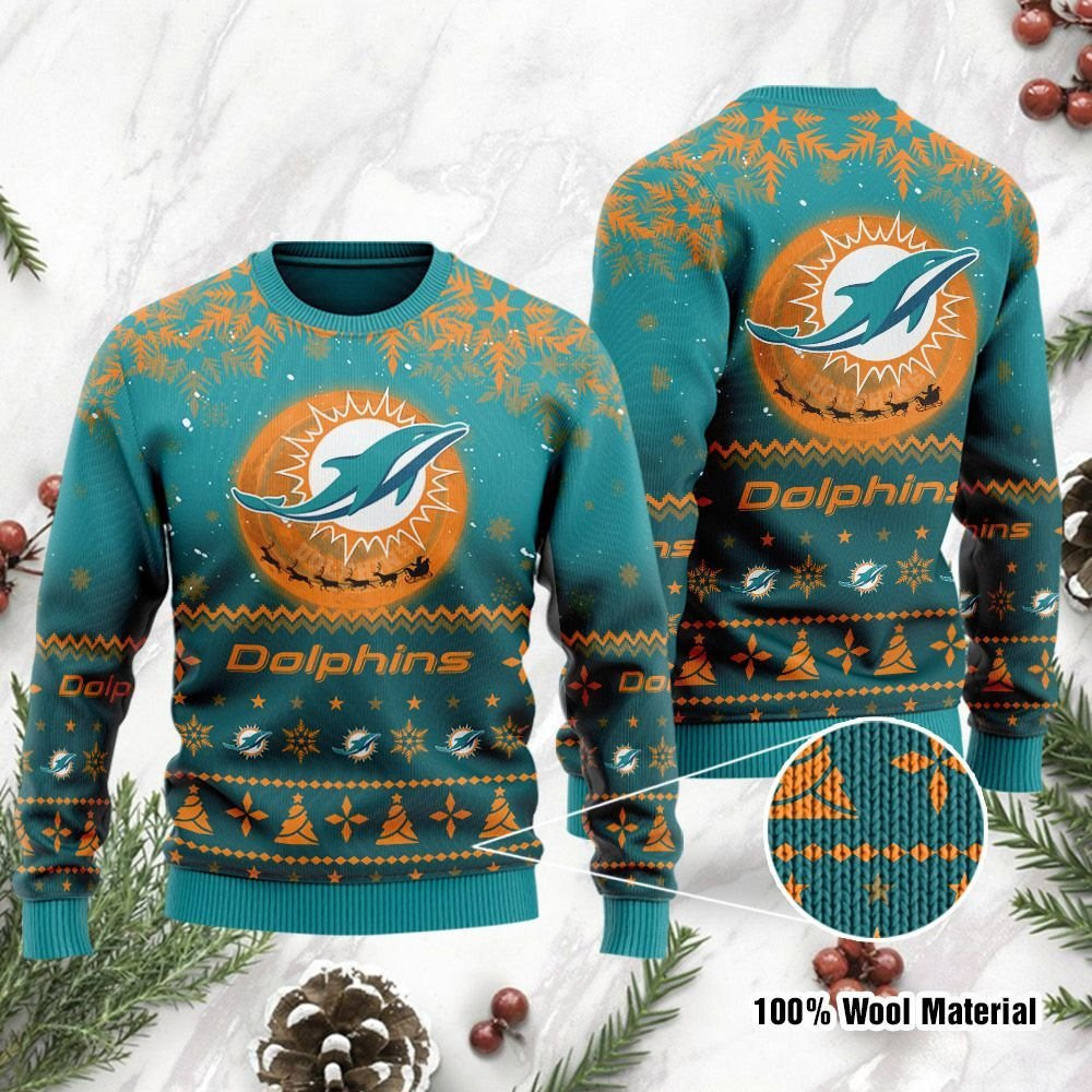 Miami Dolphins Santa Claus In The Moon Ugly Christmas Sweater Adult 3D Funny Matching for family