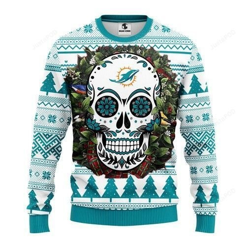 Miami Dolphins Skull Flower Ugly Christmas Sweater Adult 3D Funny Matching for family
