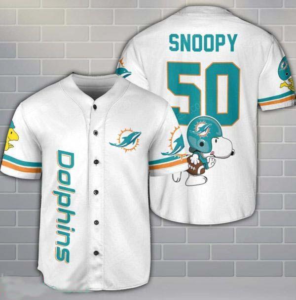 Miami Dolphins Snoopy Baseball Jersey White Cute Gift For Fans Personalized Number