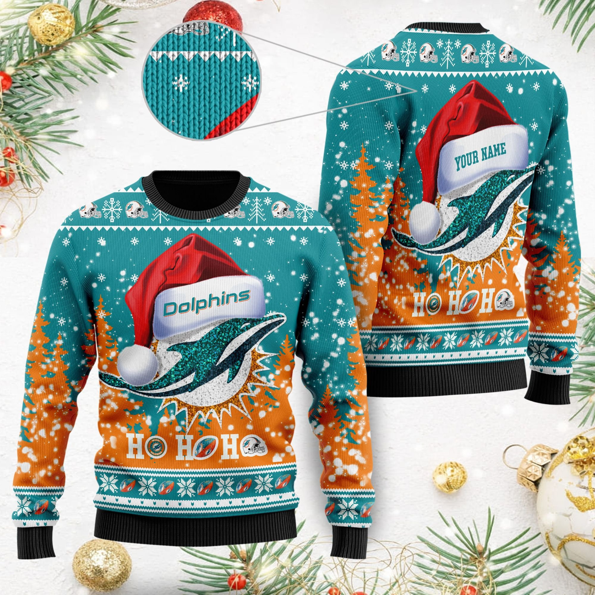 Miami Dolphins Symbol Wearing Santa Claus Hat Ho Ho Ho Custom Personalized Ugly Christmas Sweater Adult 3D Funny Matching for family