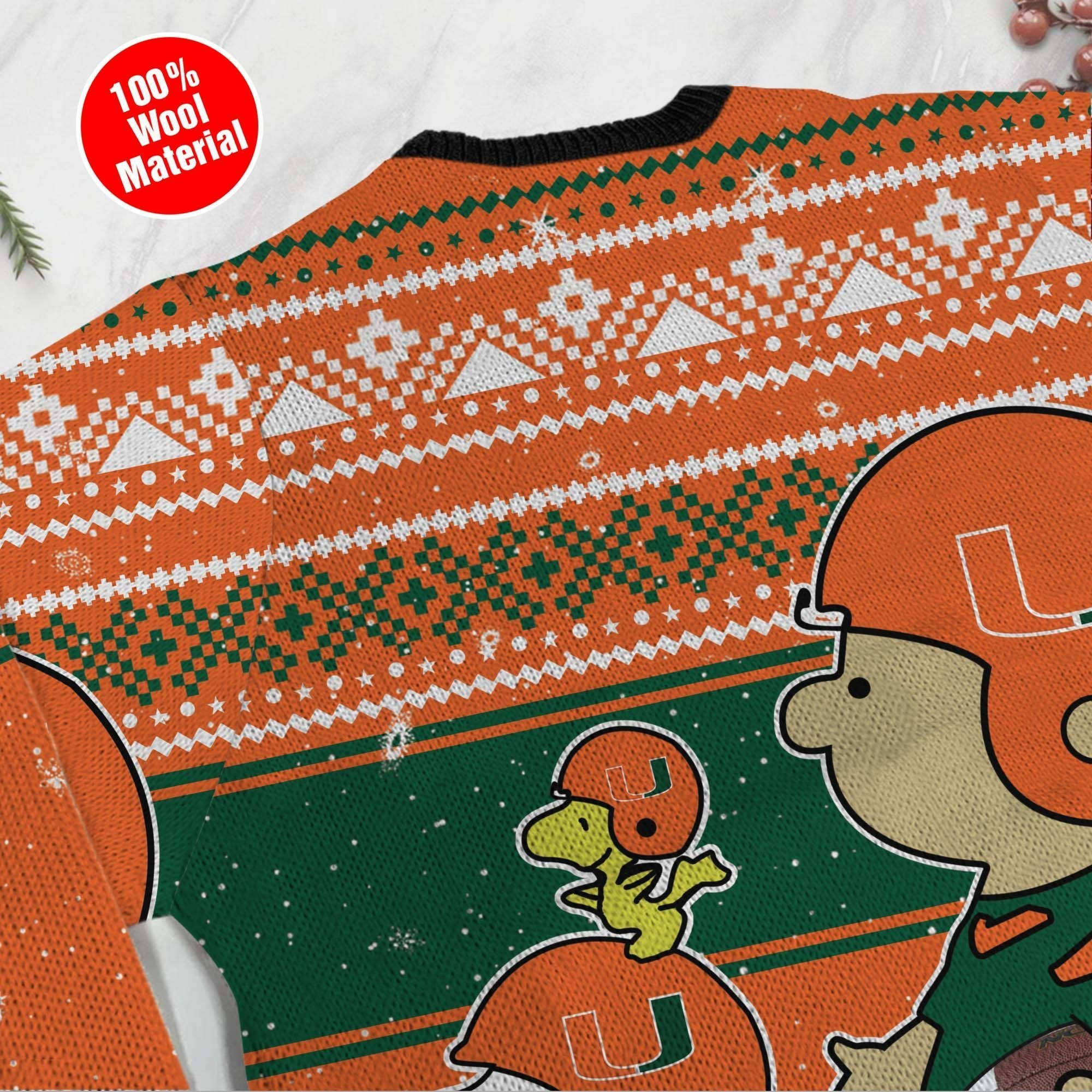 Miami Hurricanes Charlie Brown Snoopy Wear Football Jersey Ugly Christmas Sweater Adult 3D Funny Matching for family - Image 3