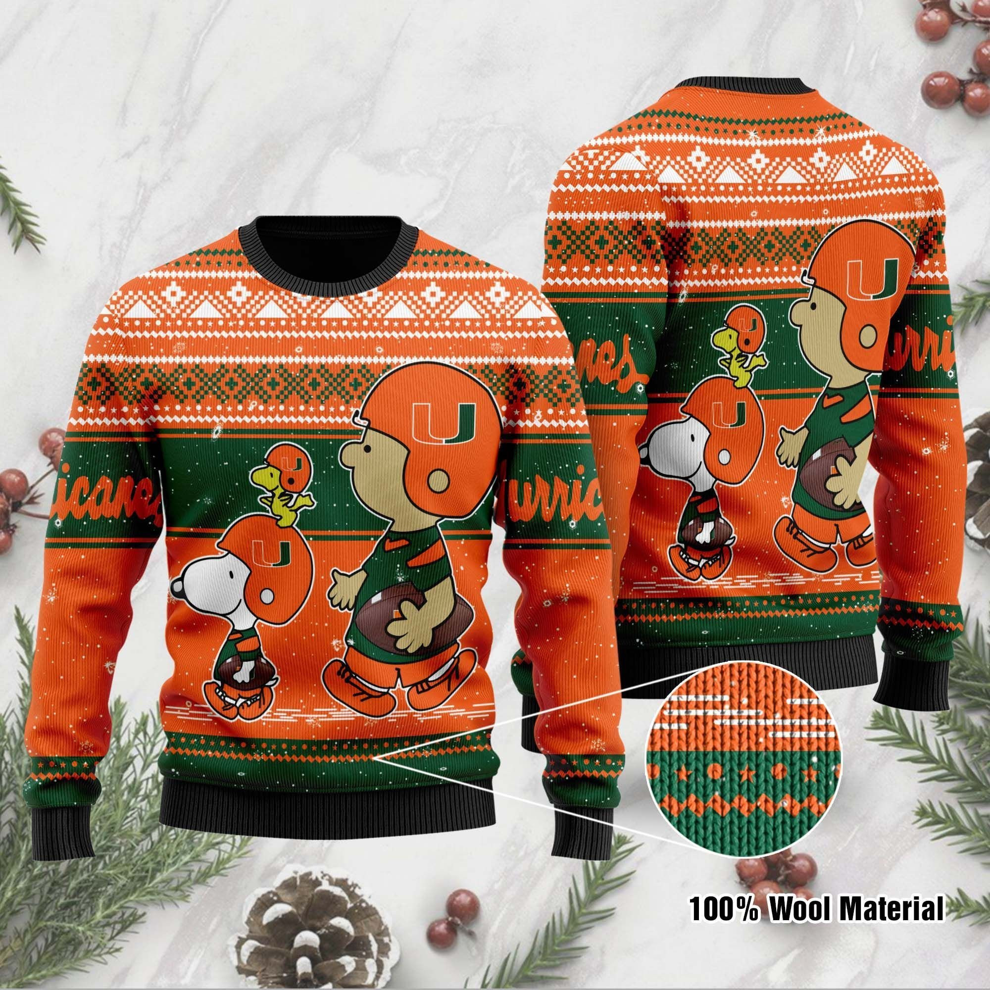 Miami Hurricanes Charlie Brown Snoopy Wear Football Jersey Ugly Christmas Sweater Adult 3D Funny Matching for family