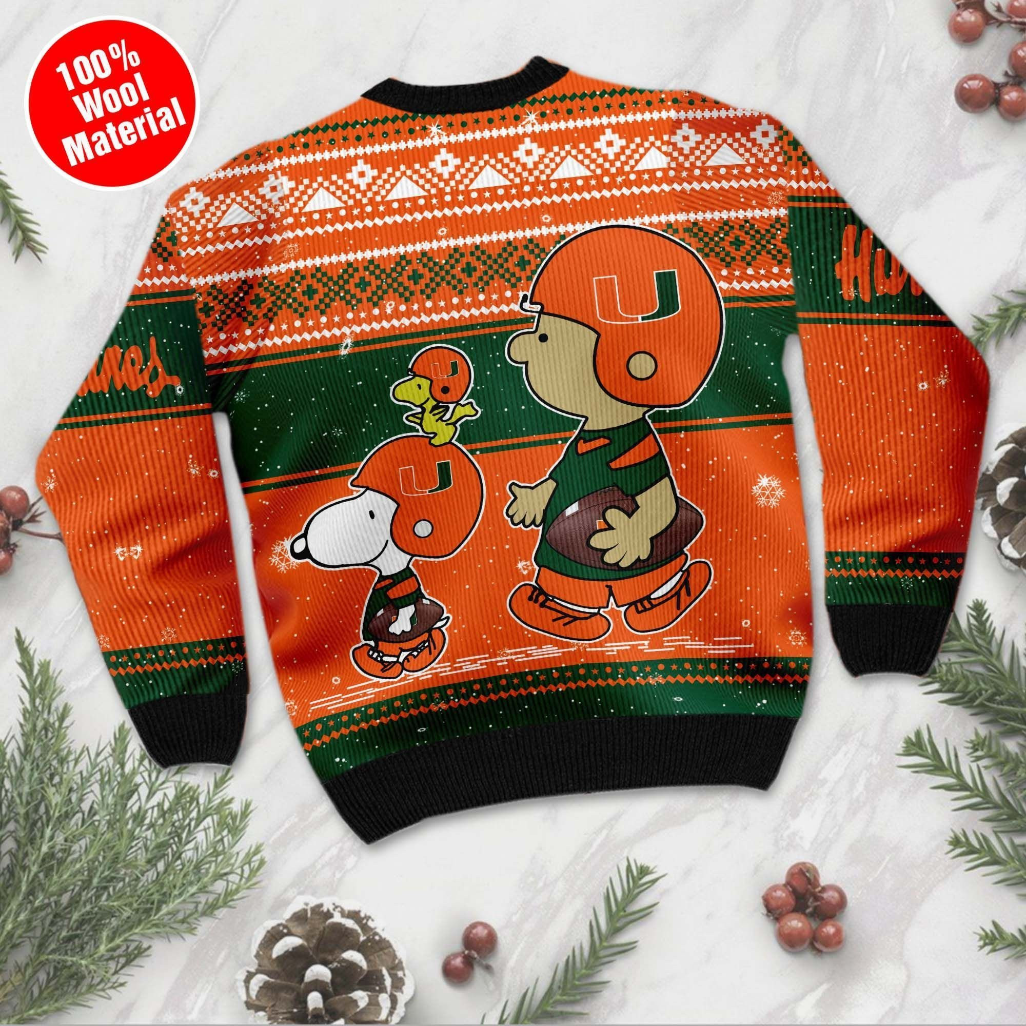 Miami Hurricanes Charlie Brown Snoopy Wear Football Jersey Ugly Christmas Sweater Adult 3D Funny Matching for family - Image 4
