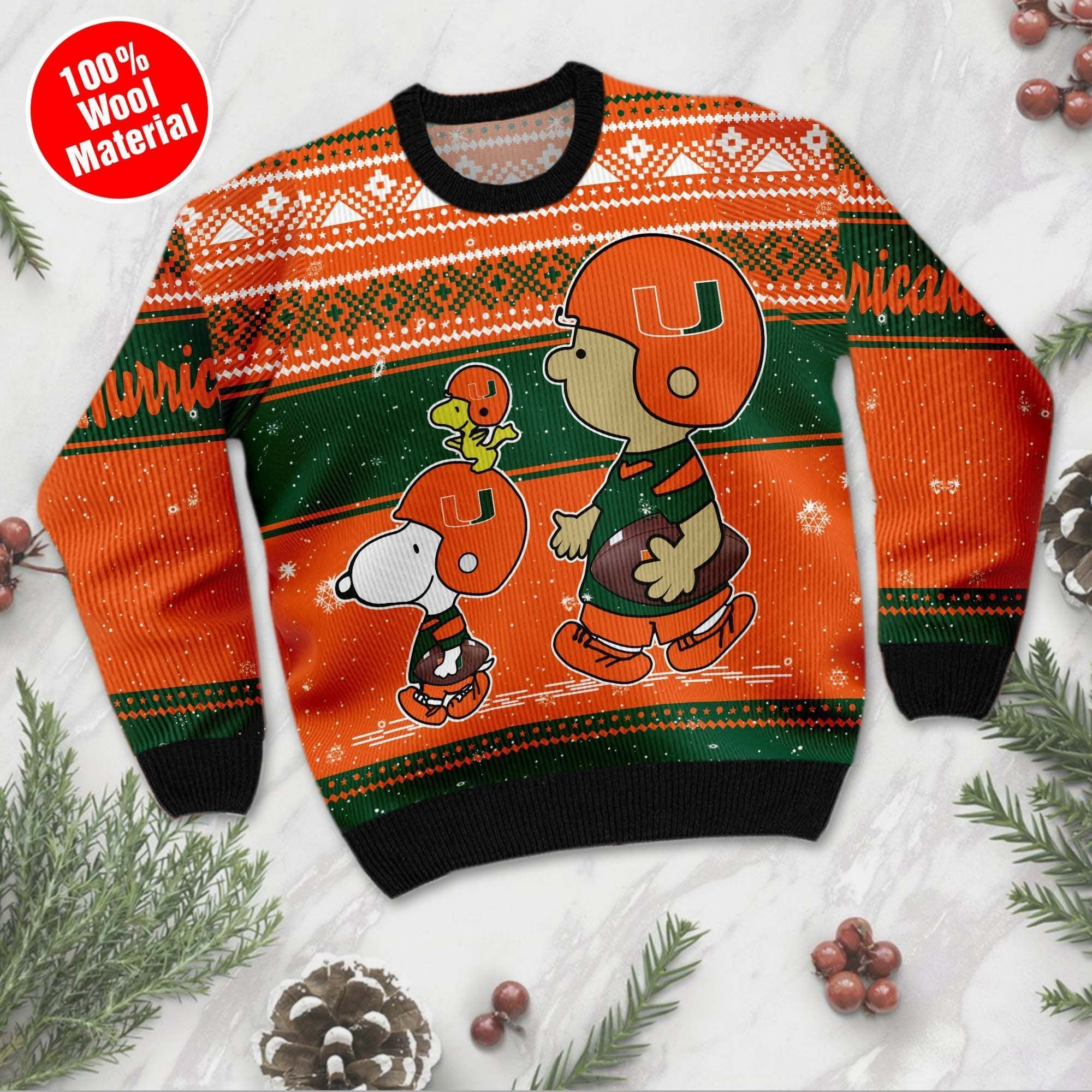 Miami Hurricanes Charlie Brown Snoopy Wear Football Jersey Ugly Christmas Sweater Adult 3D Funny Matching for family - Image 2