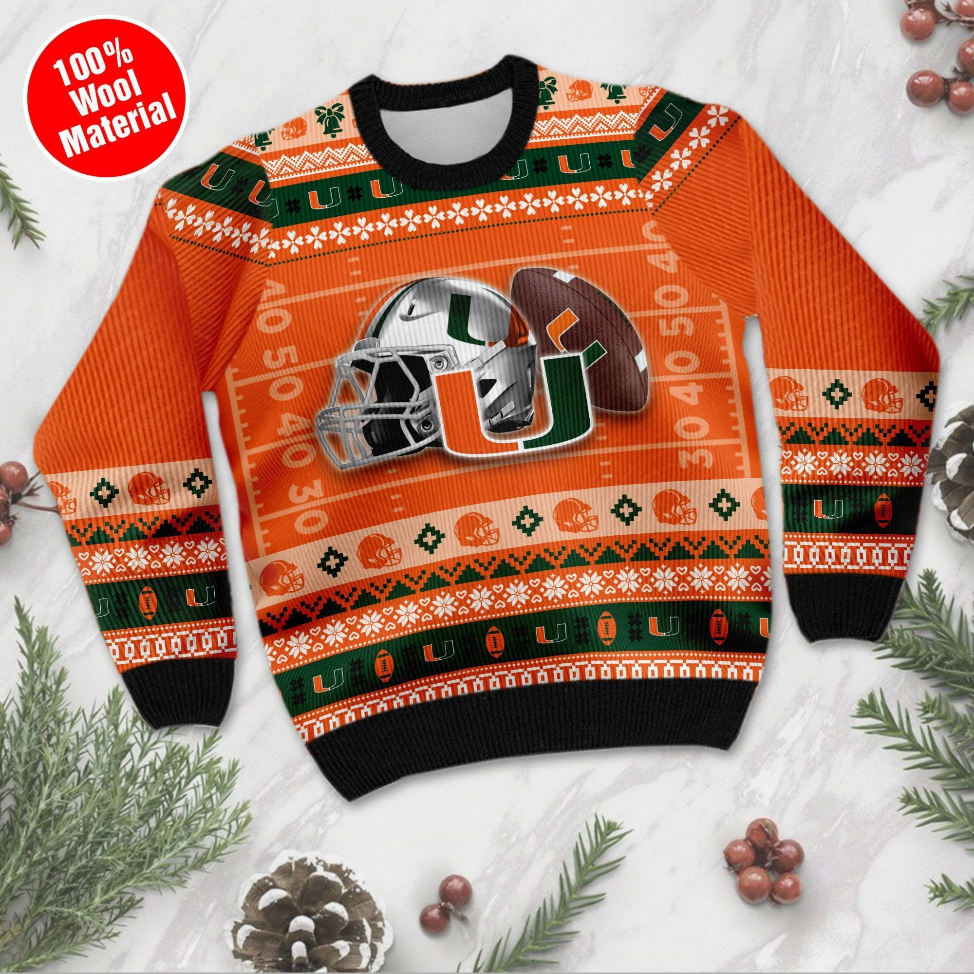 Miami Hurricanes Custom Name & Number Personalized Ugly Christmas Sweater Adult 3D Funny Matching for family - Image 2