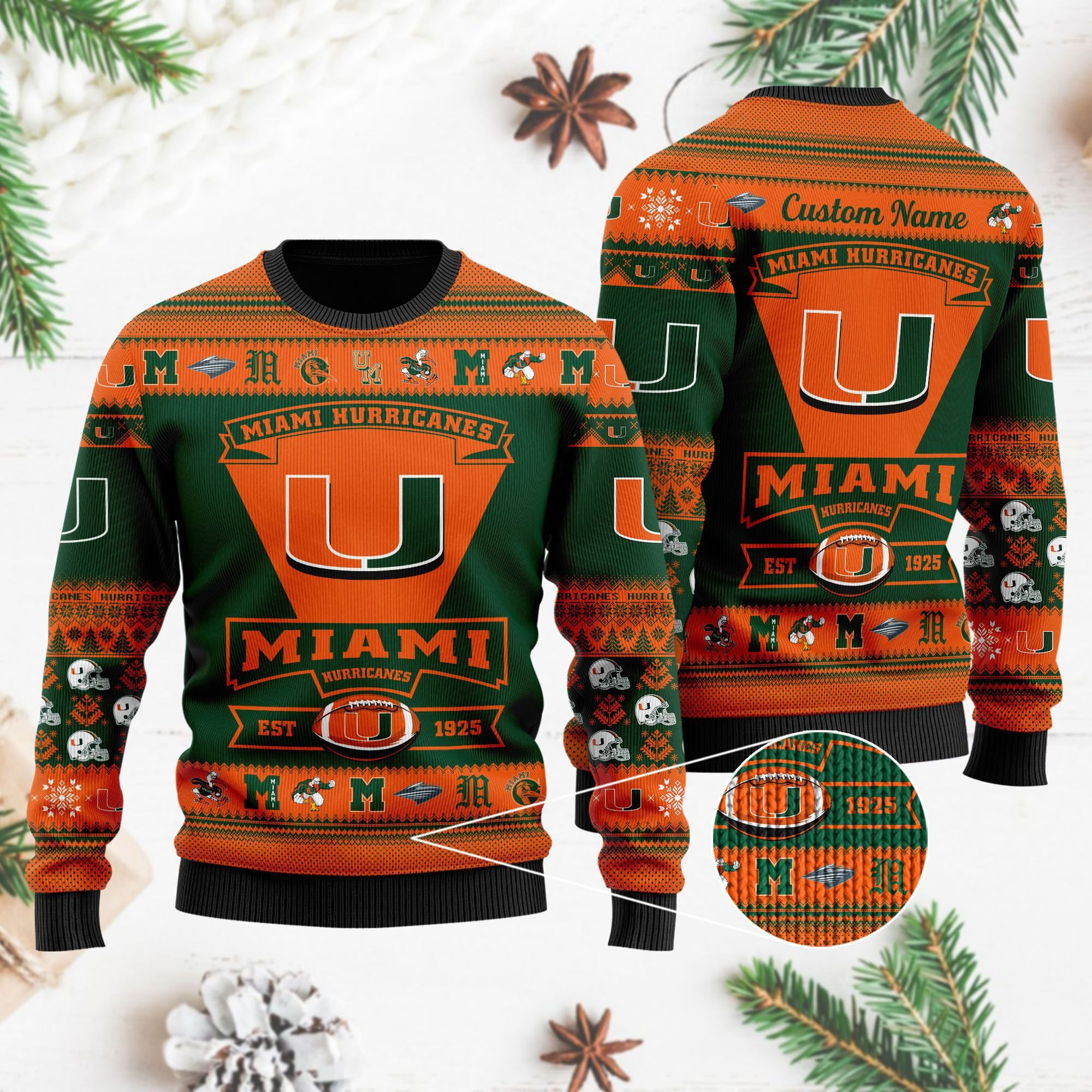 Miami Hurricanes Football Team Logo Custom Name Personalized Ugly Christmas Sweater Adult 3D Funny Matching for family