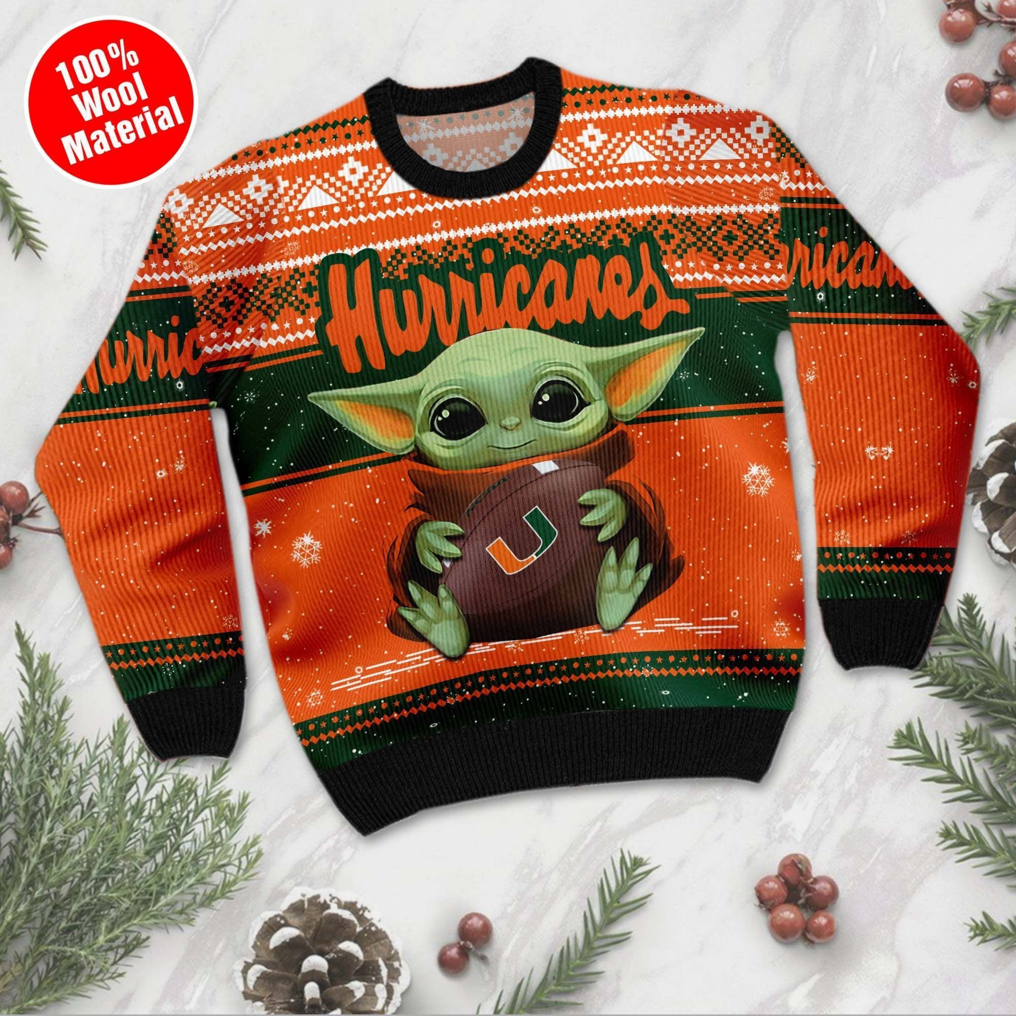 Miami Hurricanes Grogu Baby Yoda Hug Logo Ugly Christmas Sweater Adult 3D Funny Matching for family - Image 4