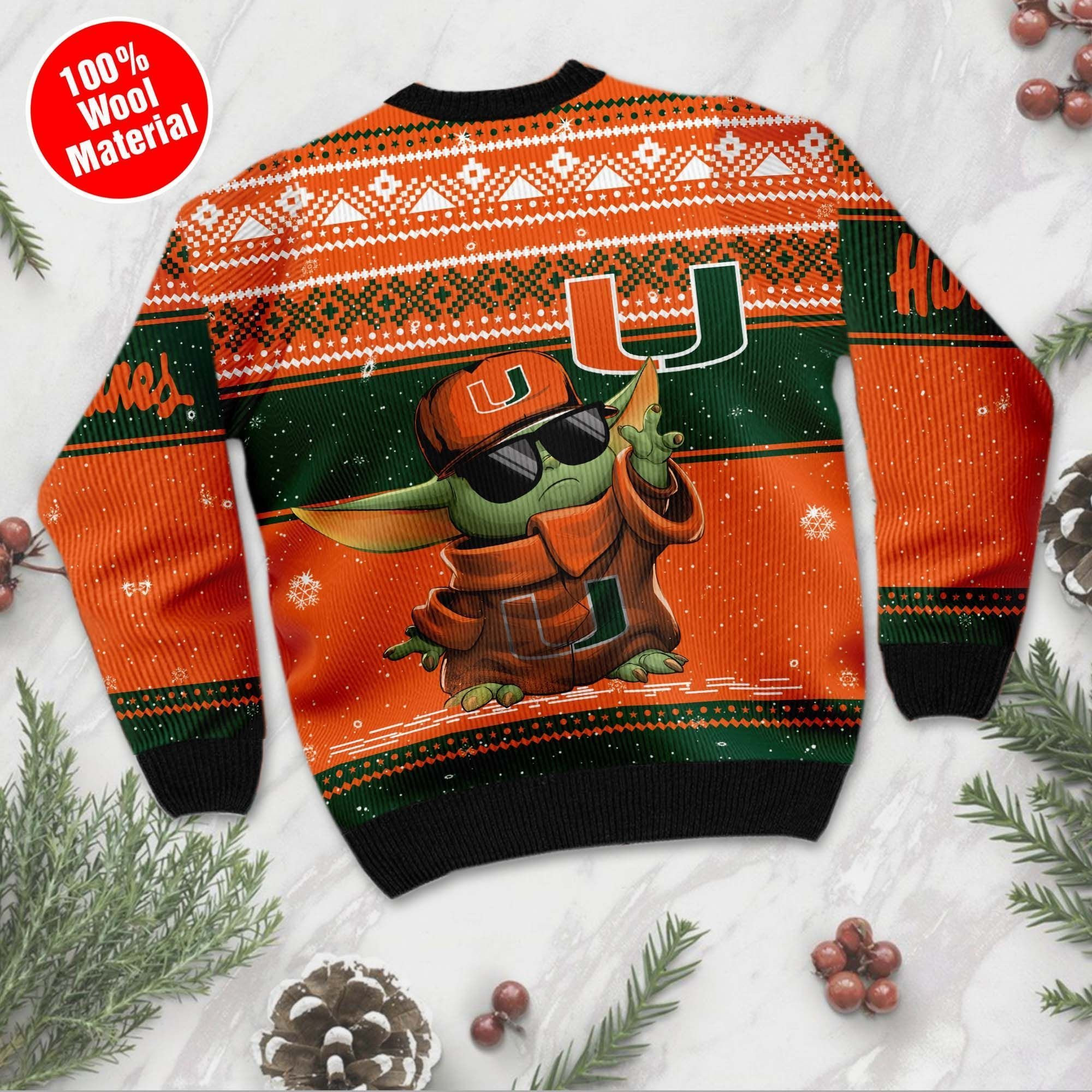 Miami Hurricanes Grogu Baby Yoda Hug Logo Ugly Christmas Sweater Adult 3D Funny Matching for family - Image 3